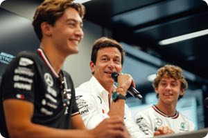 George Russell, Toto Wolff, Andrea Kimi Antonelli