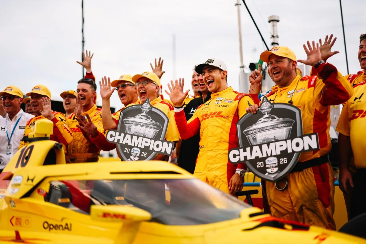 Alex Palou celebrates his fifth IndyCar championship with Chip Ganassi Racing at the Milwaukee Mile
