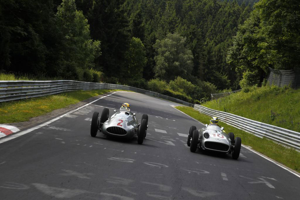Rosberg and Hamilton drive historic Silver Arrows